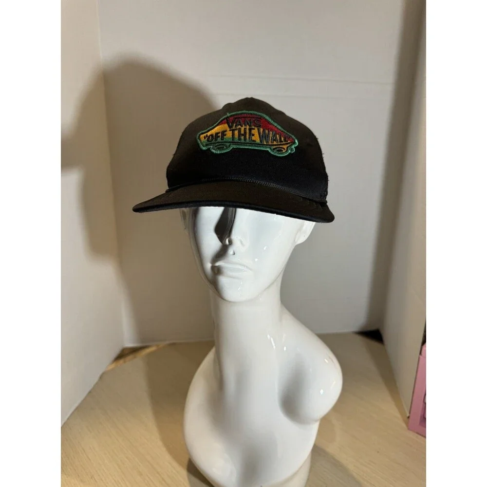 Vtg Vans Off The Wall Black Trucker Hat Rasta Logo Patch Mesh Back Adjustable